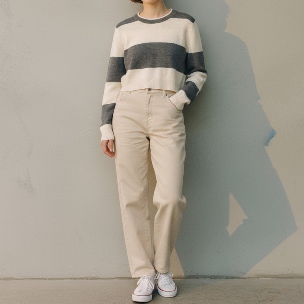 A.L.C. | Striped Cropped Wool Sweater XS Cream Charcoal Grey Long Sleeve